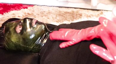 femdom face sitting red latex gloved handjob strap on gag eats own cum