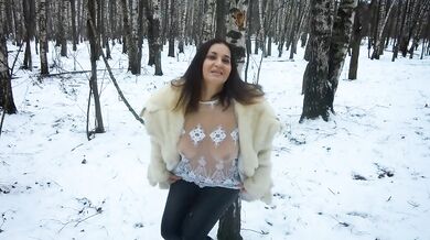 Cum in mouth after blowjob in the winter forest!