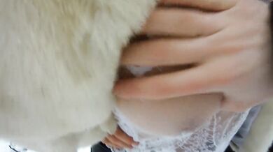 Cum in mouth after blowjob in the winter forest!