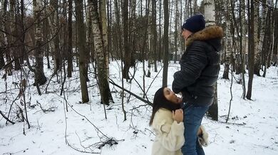 Cum in mouth after blowjob in the winter forest!