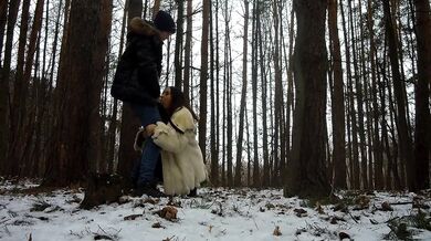 Cum in mouth after blowjob in the winter forest!