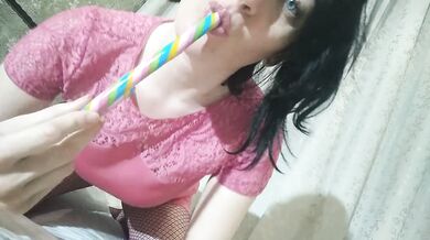she sucks a Lollipop and shoves it in her hairy pussy GinnaGg