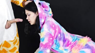 Gagging from a deep throat because his cock is huge