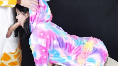 Gagging from a deep throat because his cock is huge