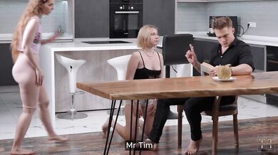 Her stepfather scolded her for her poor grades. She gives him a blowjob while her stepsister has an