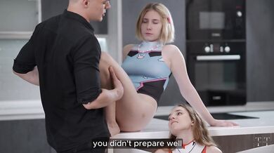 Her stepfather scolded her for her poor grades. She gives him a blowjob while her stepsister has an