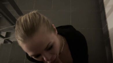 A neighbor went out to smoke in the entrance, gave her a dick in her mouth and fucked between tits while her husband is at home