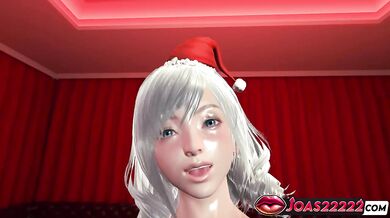 Christmas Hentai Gangbang with Ms. Santa in Red Room - Two Big Dicks Double Blowjob, Cowgirl and Doggystyle Double Penetration