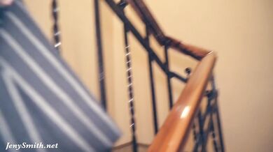 Jeny Smith sneaking to the office building. Naked in elevator and on stairs