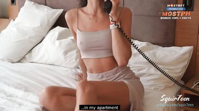 Skinny brunette cannot get out without the help of a hotel staff