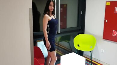 Girl undresses in the hotel lobby and masturbates
