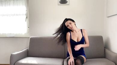 fucked girlfriend in velvet dress and stockings doggy style on the couch