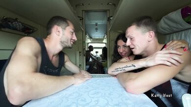 Cuckold lost his wife to a fellow traveler on the train and eats the cum from the pussy of the whore wife