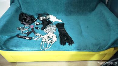 Long ASMR Mistress in leather leggings is choosing devices for her slave