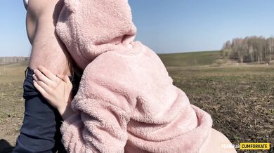 Stepsister in a plush hoodie moans all over the field from a big cock in her pussy