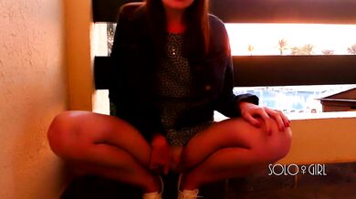 Innocent girl play pussy in public on the hotel balcony, teen masturbation