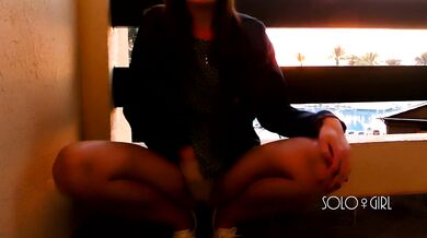 Innocent girl play pussy in public on the hotel balcony, teen masturbation