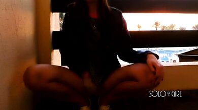 Innocent girl play pussy in public on the hotel balcony, teen masturbation