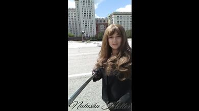 girl in a transparent dress walks near the Moscow University (part 1)