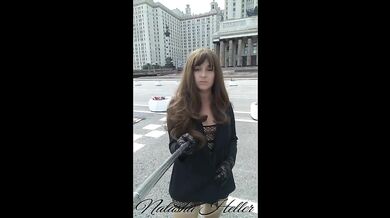 girl in a transparent dress walks near the Moscow University (part 1)