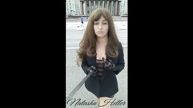 girl in a transparent dress walks near the Moscow University (part 1)
