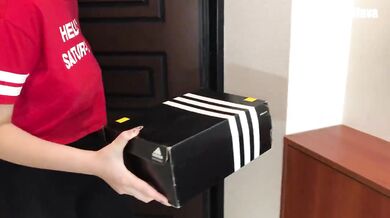 Delivery girl gives sloopy blowjob and fucks with his client