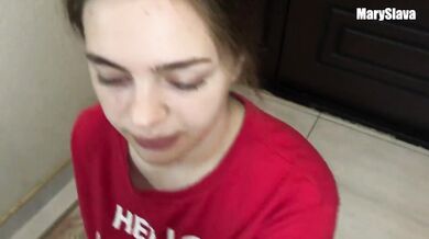 Delivery girl gives sloopy blowjob and fucks with his client