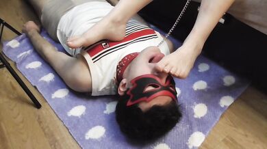 Russian mistress dominates slave. He licks her feet