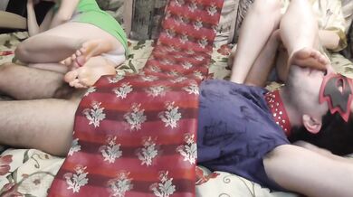 Double footjob. My step sisters feet worship
