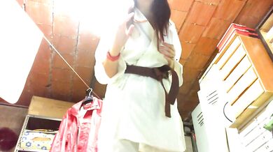 Your Italian giantess practices Karate in a cellar and crushes you under her dirty feet