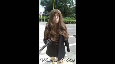 girl in a transparent dress walks near the Moscow University (part 2)