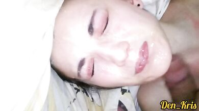 Compilation Cutie with beautiful blue eyes bathes in warm and tasty sperm with pleasure