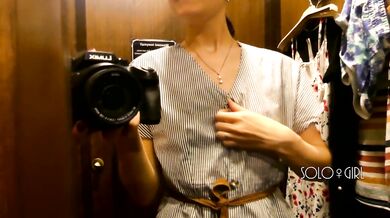 Slutty bitch can't hold back her lust and plays with pussy in fitting room, public masturbation