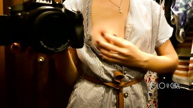 Slutty bitch can't hold back her lust and plays with pussy in fitting room, public masturbation