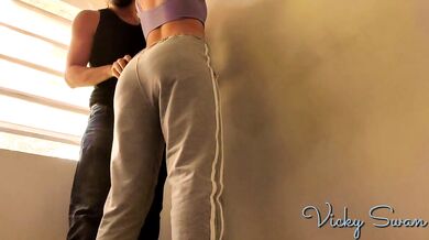 Athletic fit Victoria on joggins fucked standing against wall