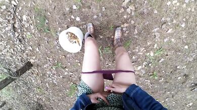 Innocent teen public play with pussy in the forest, masturbating outside