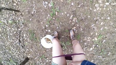 Innocent teen public play with pussy in the forest, masturbating outside