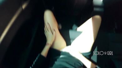 Horny teen play with pussy in Uber, public risky masturbation in car, until the driver sees