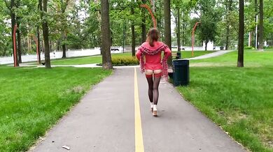 Sluty schoolgirl instead of lessons, walks in the park in a micro dress without panties