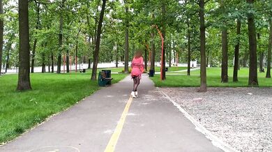 Sluty schoolgirl instead of lessons, walks in the park in a micro dress without panties
