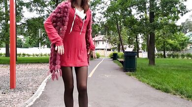 Sluty schoolgirl instead of lessons, walks in the park in a micro dress without panties