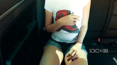 Slutty schoolgirl play with pussy and nipples in Uber and gets multiple orgasms, public masturbation
