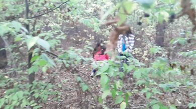  one girl pissed in the forest and how the second girl gave her cunnilingus