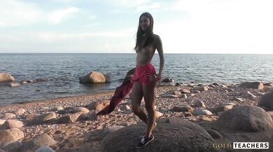 Beautiful teen sucks cock on the beach. POV