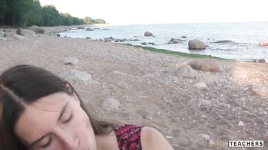 Beautiful teen sucks cock on the beach. POV