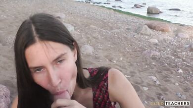 Beautiful teen sucks cock on the beach. POV