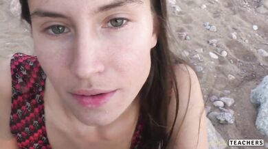 Beautiful teen sucks cock on the beach. POV