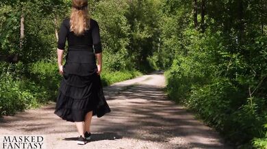 Woman in the Woods takes a foxtail butt plug in her ass, public outdoor