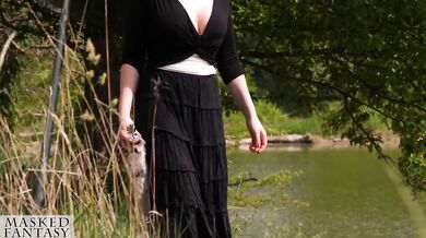 Woman in the Woods takes a foxtail butt plug in her ass, public outdoor