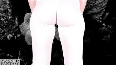 Cameltoe of a woman on fitness without underwear with pussy showing thrue
